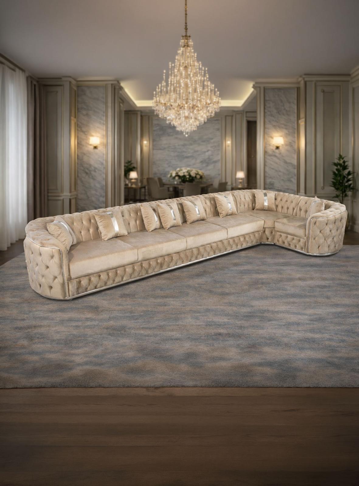 Colțar fix Lugano de 480cm x 180cm, tapițat cu catifea, de la IMPACT MOB, evidențiind textura și designul modern.