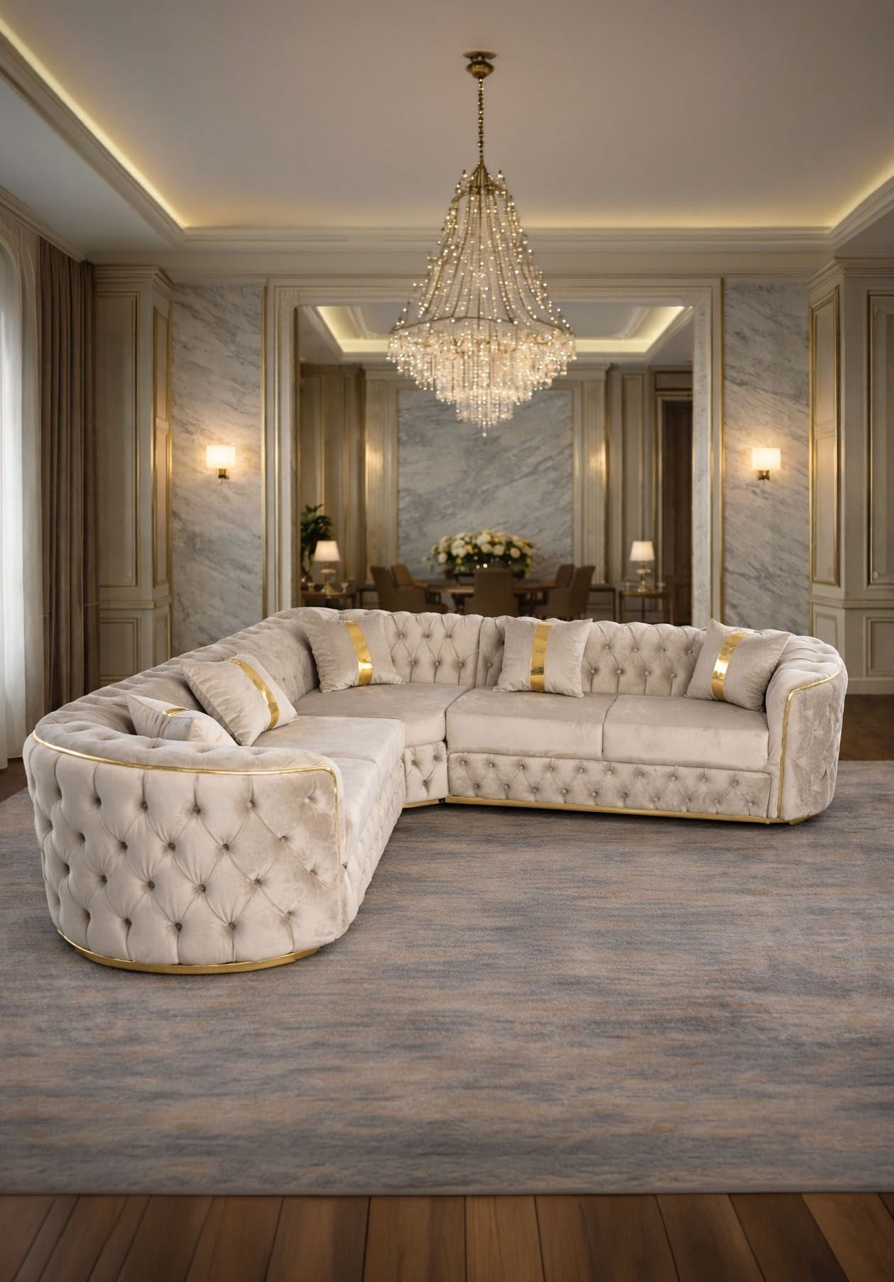 IMPAC MOB Lugano fixed corner sofa in dark fabric, showing the 270x270 cm L-shaped design with plush cushions.