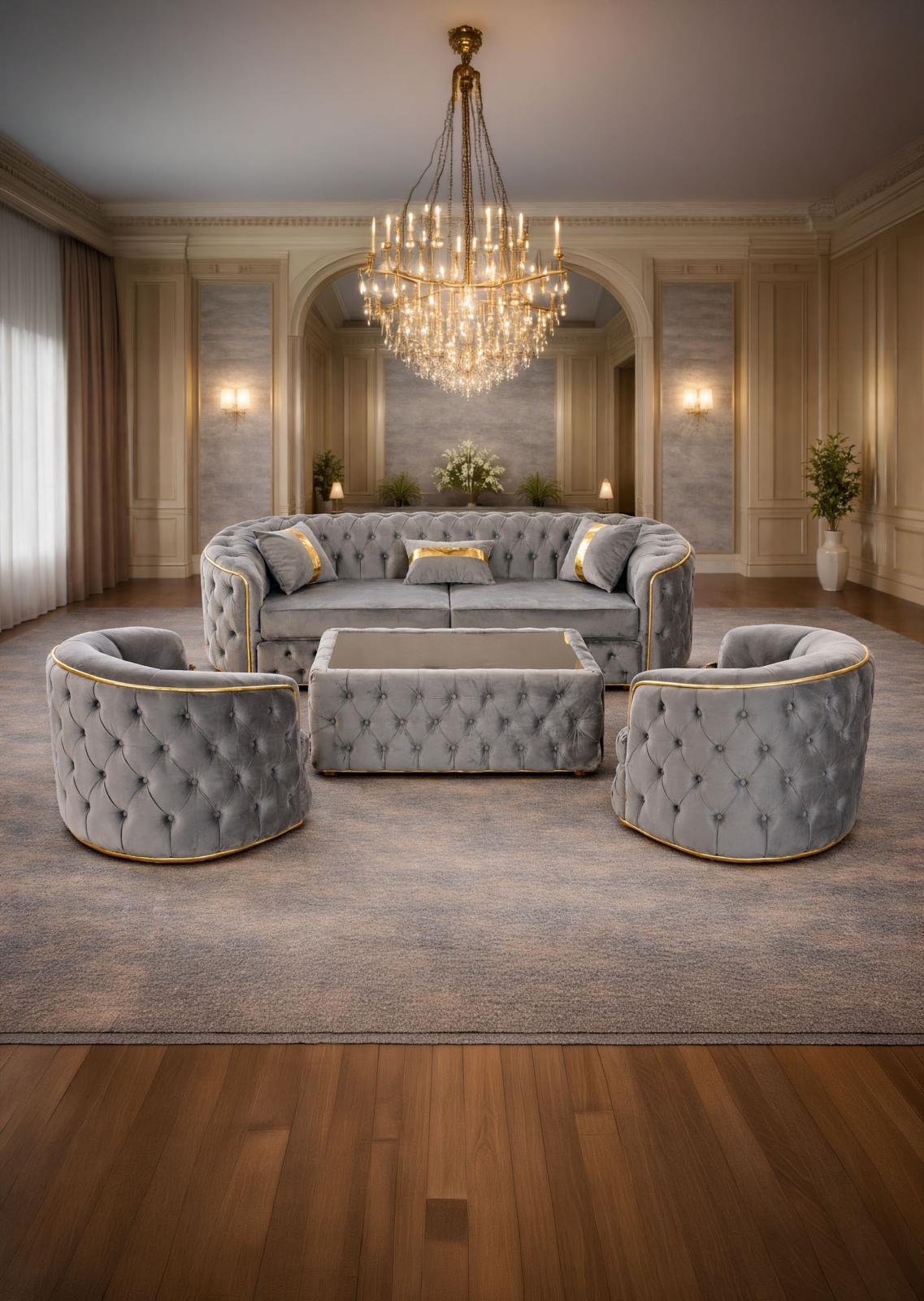 Lugano extendable sofa set with two armchairs and coffee table from IMPACT MOB, featuring modern upholstery and wooden accents.