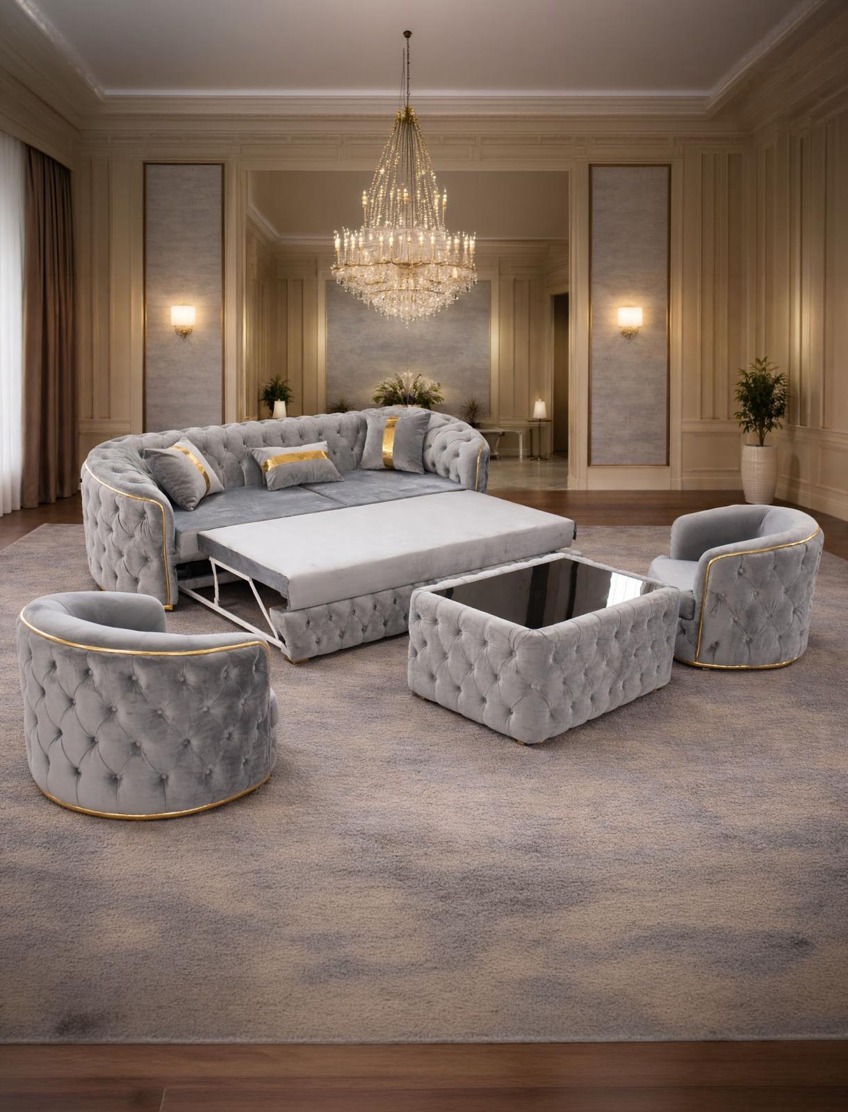 Lugano extendable sofa set with two armchairs and coffee table by IMPACT MOB, shown in a stylish living room setup.