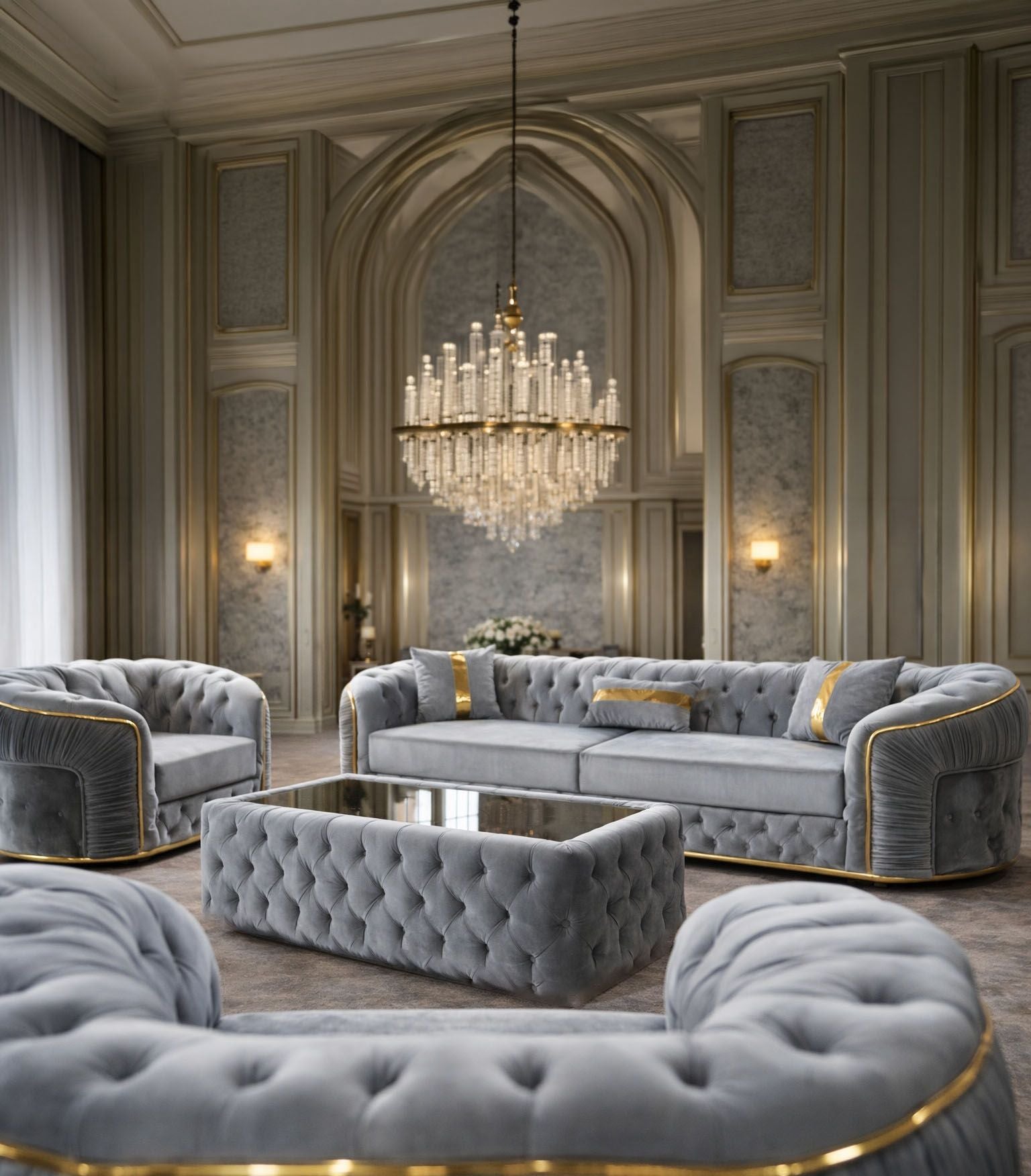 Xtreme three-seat extendable sofa set with two armchairs and a coffee table by Impact Mob, shown in a modern living room setting.