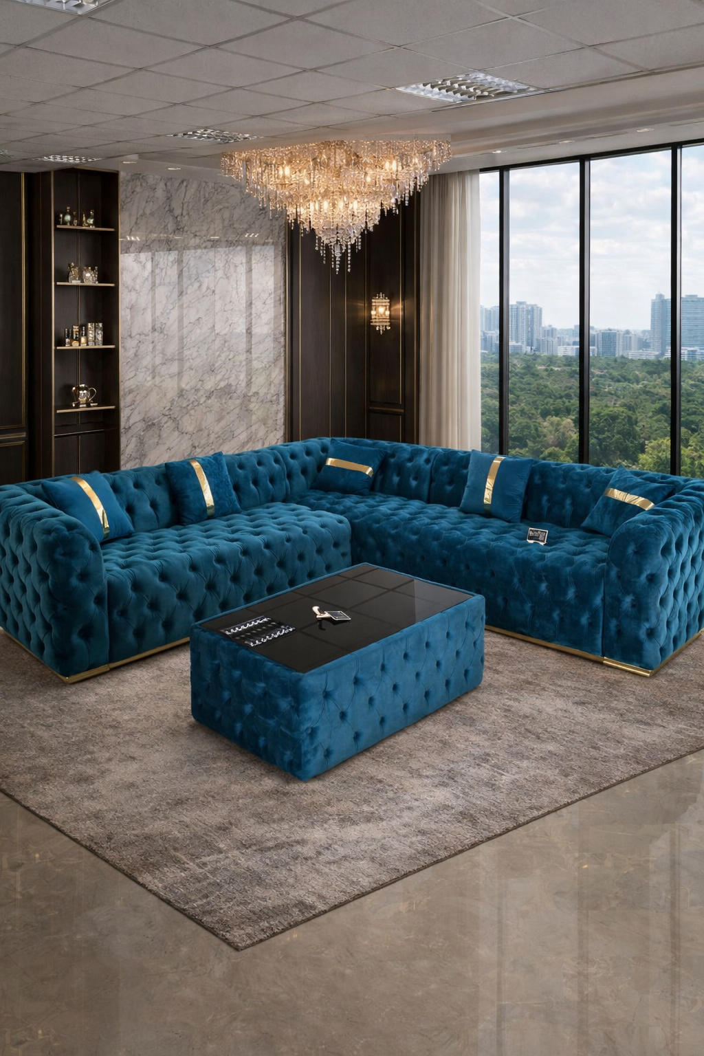Extreme Impact Mob California velvet sofa in 270x270 cm, shown in a cozy living room setting with plush upholstery.