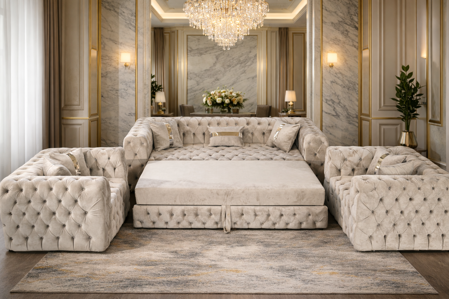 California – Set canapea 3 locuri extensibilă cu 2 fotolii și măsuță de cafea