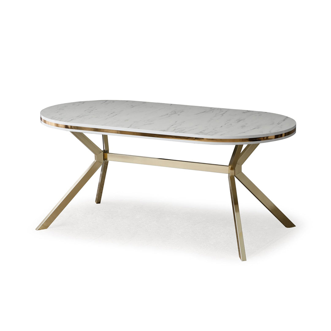 Masă de living, ovală, fixă, blat alb cu auriu, Marbo