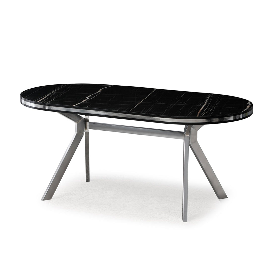 Masă de living, ovală, fixă, blat negru cu argintiu, Marbo