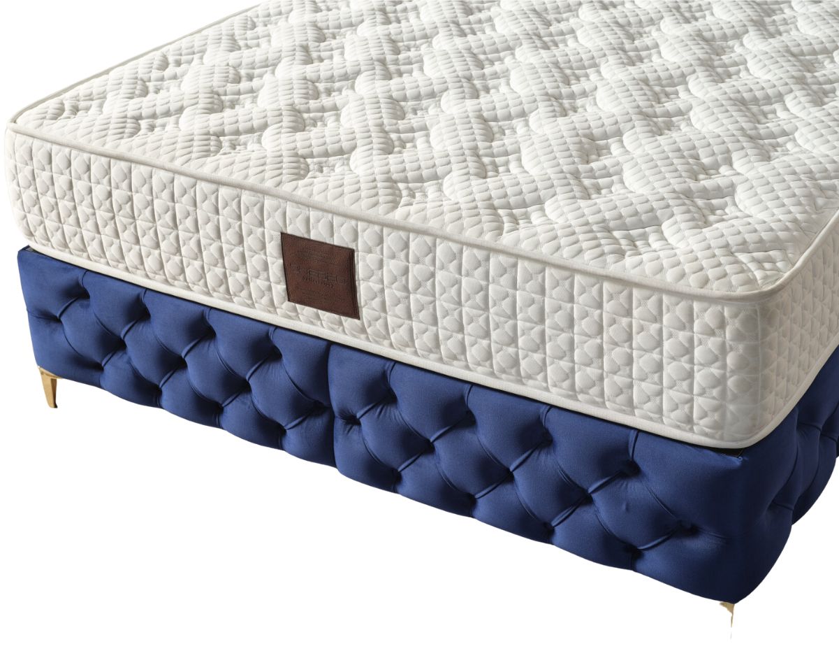 Impact Mob Pat boxspring Aqua din catifea cu saltea și spațiu de depozitare, în nuanțe albastre și materiale elegante