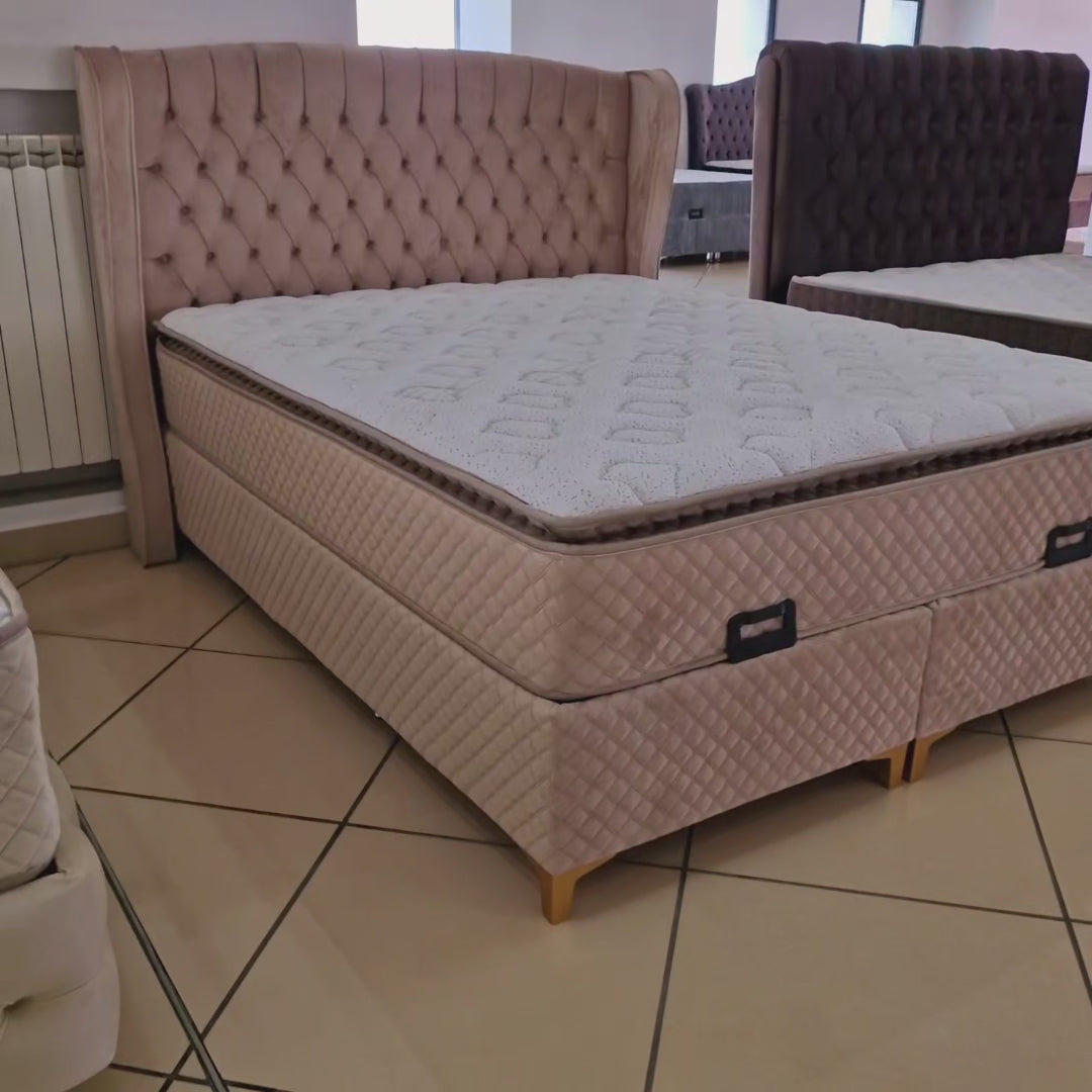 Pat tapițat cu saltea inclusă, ladă depozitare, somieră rabatabilă, catifea – Model Boxspring Olivia