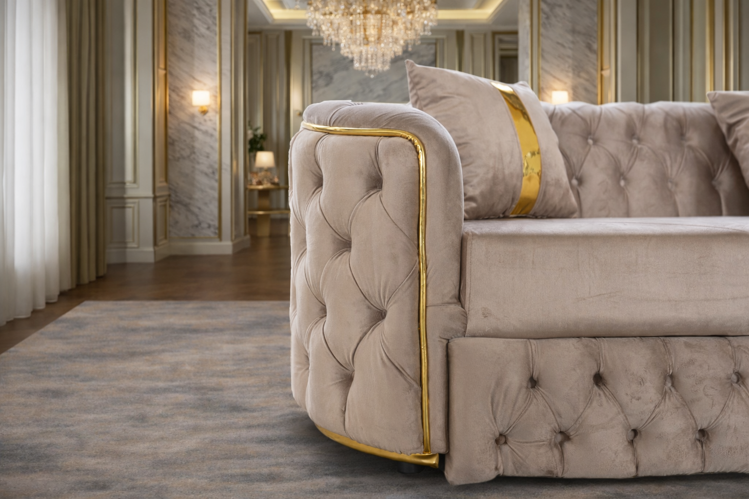 Lugano 4-seat extendable sofa by IMPACT MOB, showcasing the fabric upholstery and adjustable design in a modern living room setting.