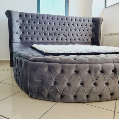 Pat tapițat cu saltea inclusă, ladă depozitare, somieră rabatabilă, catifea – Model Boxspring Wisconsing