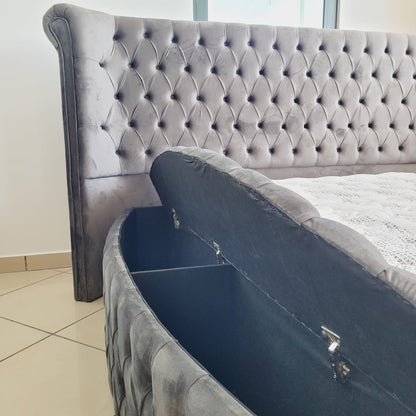 Pat tapițat cu saltea inclusă, ladă depozitare, somieră rabatabilă, catifea – Model Boxspring Wisconsing