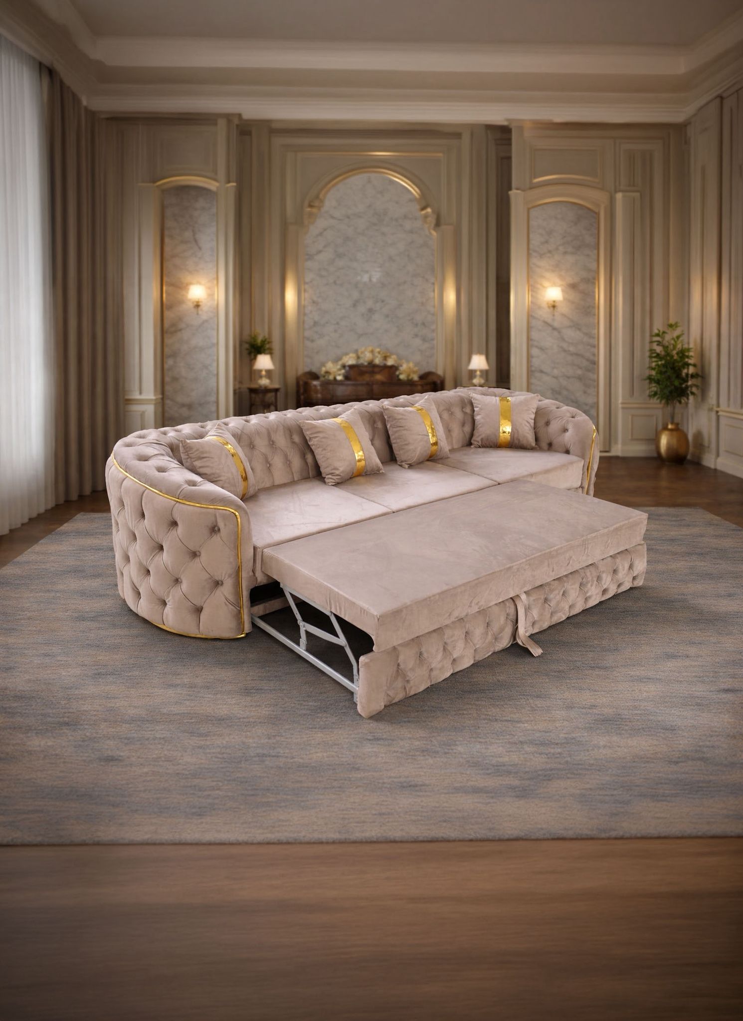 Lugano 4-seat extendable sofa by IMPACT MOB, showing its fabric upholstery and modern design in a living room setting.