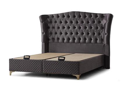 Pat tapițat cu saltea inclusă, ladă depozitare, somieră rabatabilă, catifea – Model Boxspring Confort