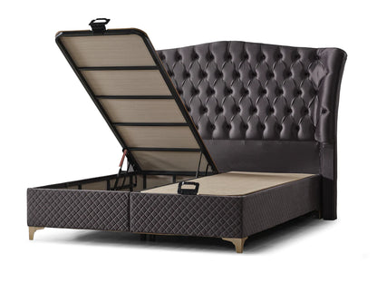 Pat tapițat cu saltea inclusă, ladă depozitare, somieră rabatabilă, catifea – Model Boxspring Confort