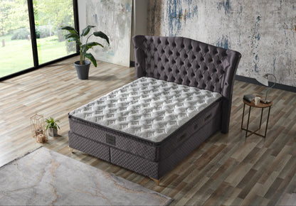 Pat tapițat cu saltea inclusă, ladă depozitare, somieră rabatabilă, catifea – Model Boxspring Confort