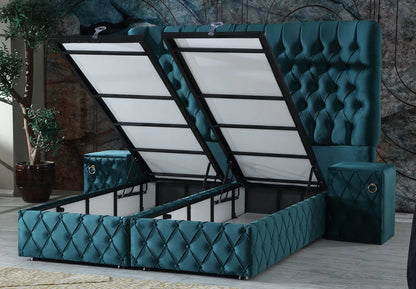 Pat tapițat cu saltea inclusă, ladă depozitare, somieră rabatabilă, catifea – Model Boxspring Genova