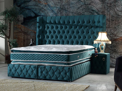 Pat tapițat cu saltea inclusă, ladă depozitare, somieră rabatabilă, catifea – Model Boxspring Genova