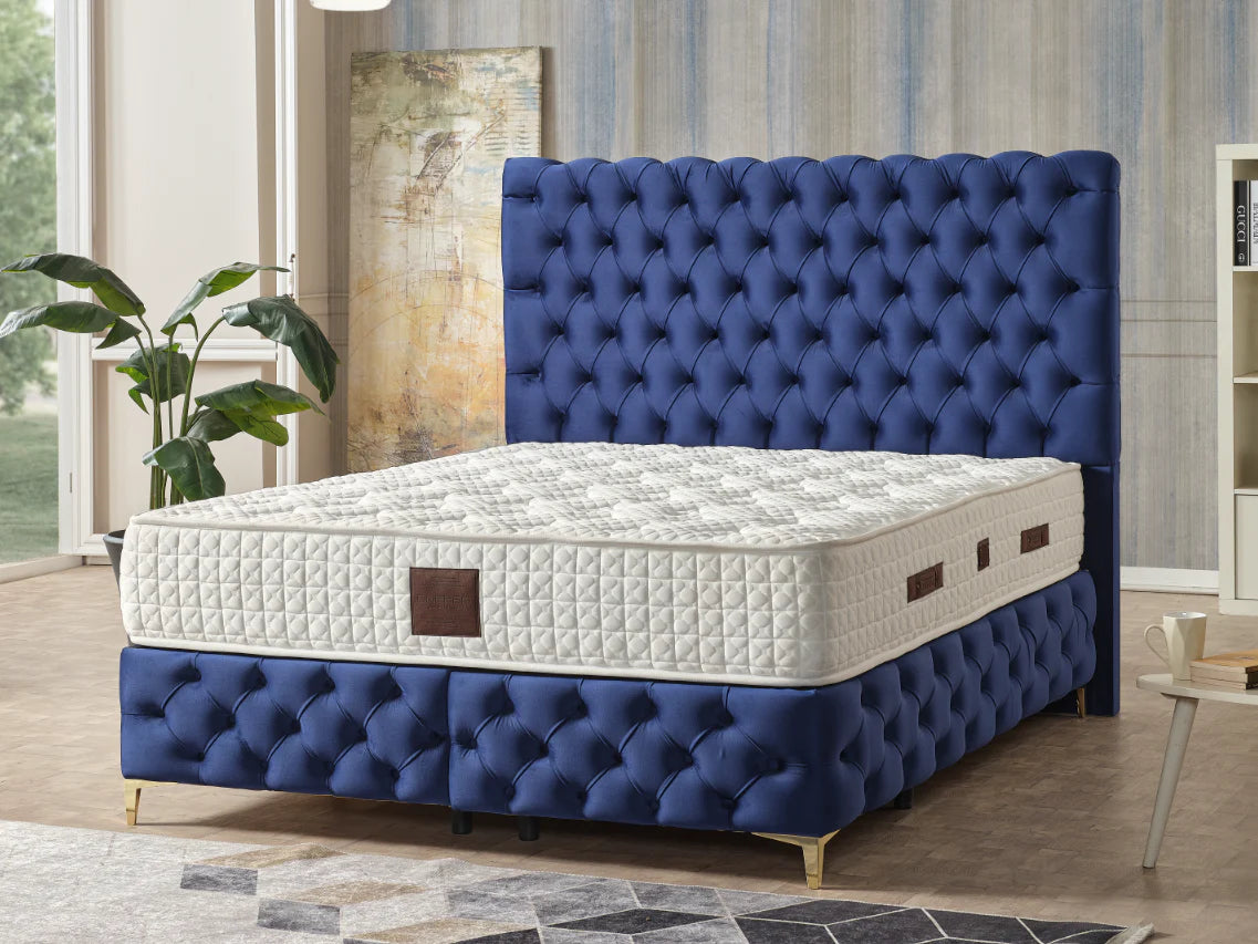 Pat Boxspring Aqua din Catifea, cu Saltea și Depozitare