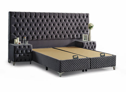 Pat tapițat cu saltea inclusă, ladă depozitare, somieră rabatabilă, catifea – Model Boxspring Valura