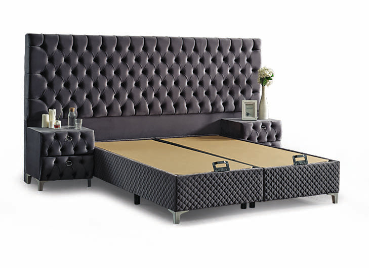 Pat tapițat cu saltea inclusă, ladă depozitare, somieră rabatabilă, catifea – Model Boxspring Valura