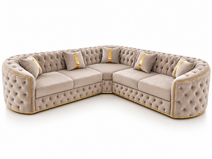 Canapea Chesterfield bej cu accente aurii, colțar fix IMPACT MOB, dimensiuni 270x270 cm, design elegant pentru living.
