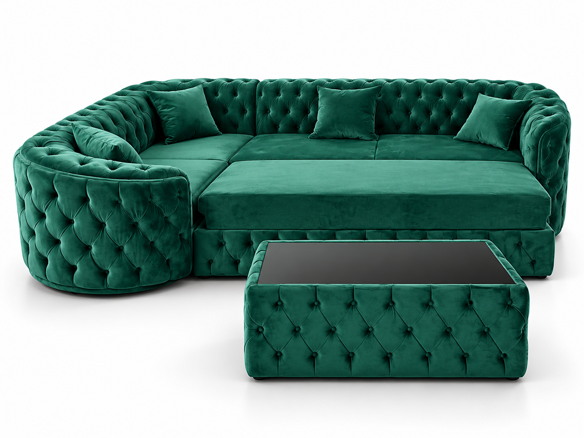Canapea Chesterfield verde smarald extensibilă Lugano de la IMPACT MOB, cu măsuță de cafea inclusă, dimensiuni 180x270 cm