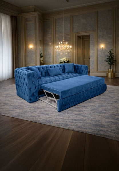 Orange velvet California sofa bed by IMPACT MOB, showing the extended sleeping section and plush upholstery.