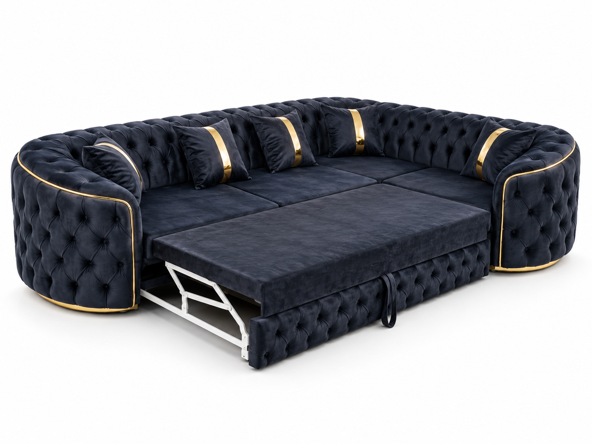 Canapea extensibilă Lugano de la IMPACT MOB, colțar confortabil cu accente aurii, dimensiuni 180x270 cm, tapiserie luxoasă.