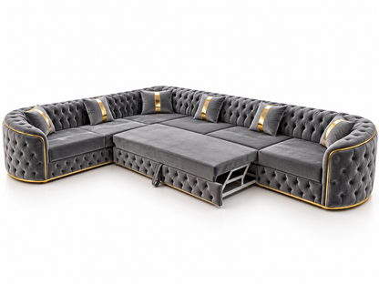 Canapea modulară extensibilă Lugano IMPACT MOB, colțar confortabil cu accente aurii, dimensiuni 400x300 cm, imagine în culoare gri.