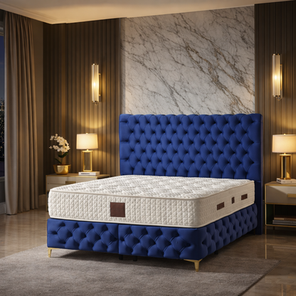 Impact Mob aqua velvet catifea Pat Boxspring with built-in storage and mattress, stylish and comfortable for modern bedrooms.