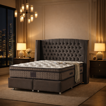 Impact Mob Pat Boxspring Tesla din catifea cu saltea și spațiu de depozitare, elegant și confortabil pentru dormitor.