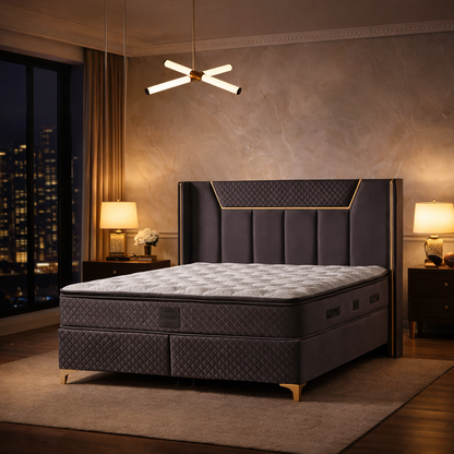 Impact Mob Pat Boxspring Bazano din catifea cu saltea și spațiu de depozitare, elegant și confortabil pentru dormitor.