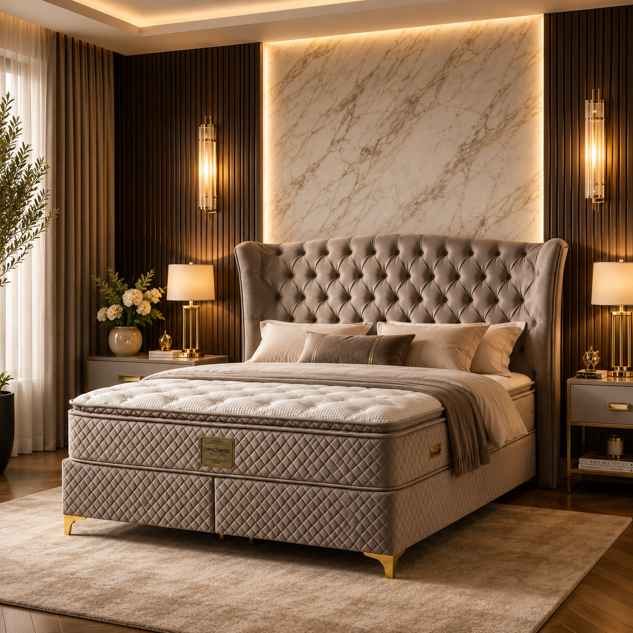 Pat Boxspring Confort din Catifea, cu Saltea și Depozitare