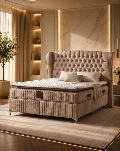 Pat Boxspring Olivia din Catifea, cu Saltea și Depozitare