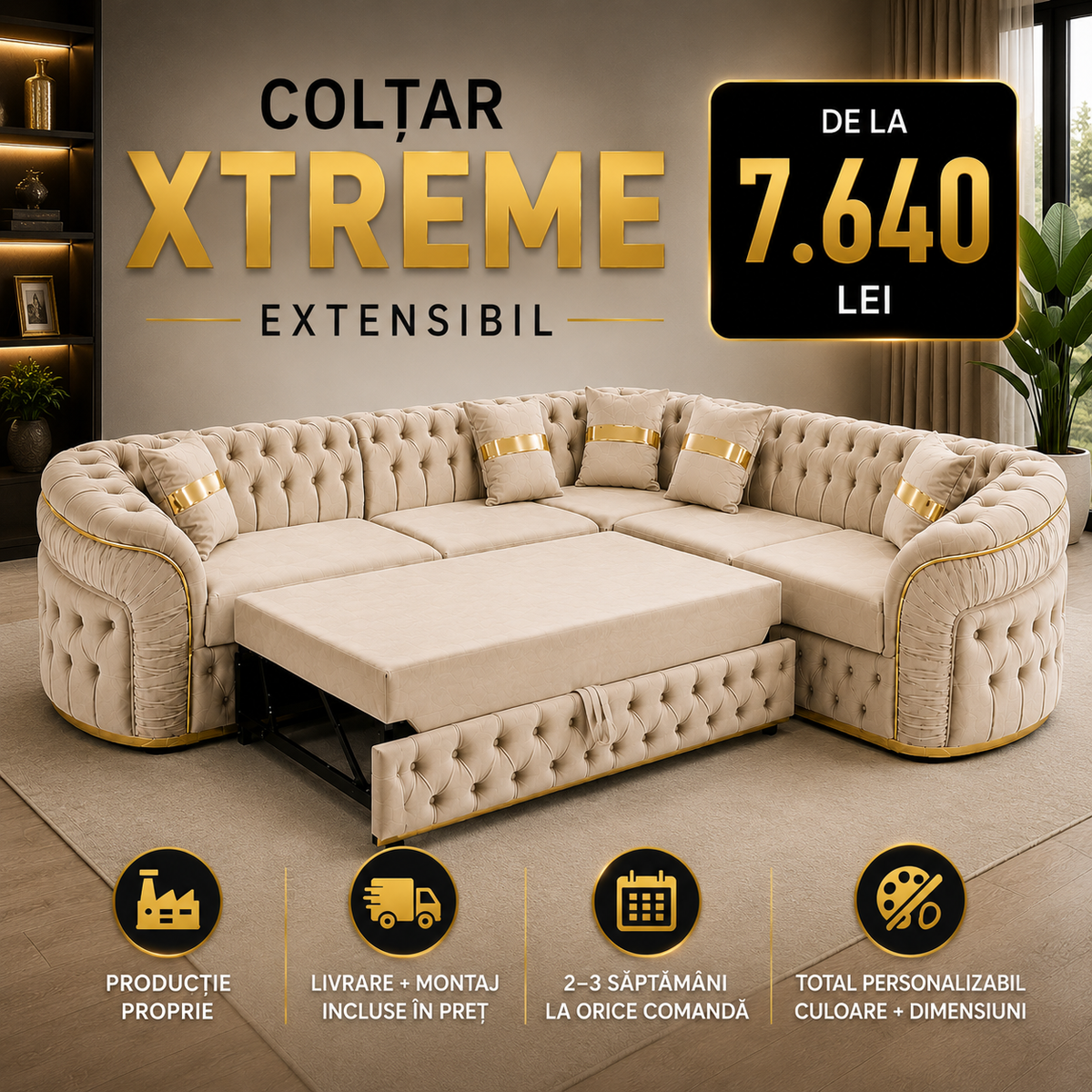 Colțar Xtreme extensibil din catifea, 270x270 cm, brand IMPACT MOB, tapițat elegant, ideal pentru living modern.