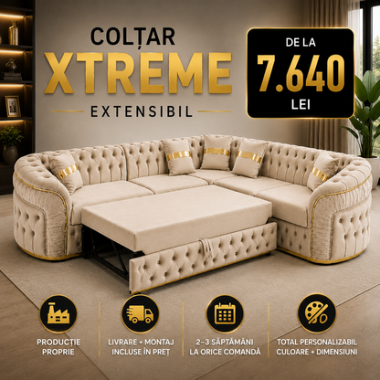 Colțar Xtreme extensibil din catifea, 270x270 cm, brand IMPACT MOB, tapițat elegant, ideal pentru living modern.