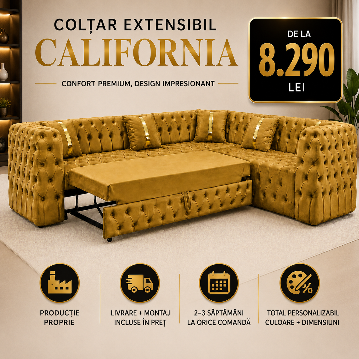 Colțar California extensibil din catifea, 270x270cm, brand Impact Mob, stil modern și confortabil în living.