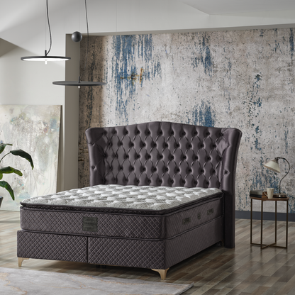 Pat tapițat cu saltea inclusă, ladă depozitare, somieră rabatabilă, catifea – Model Boxspring Confort