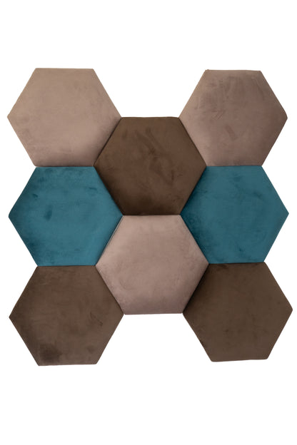 Panou decorativ tapitat hexagonal de 35 cm, model IMPACT MOB, cu suprafață texturată în imagini.