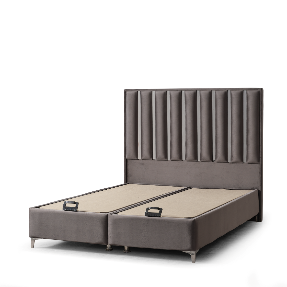 Pat tapițat cu saltea inclusă, ladă depozitare, somieră rabatabilă, catifea – Model Boxspring Diana