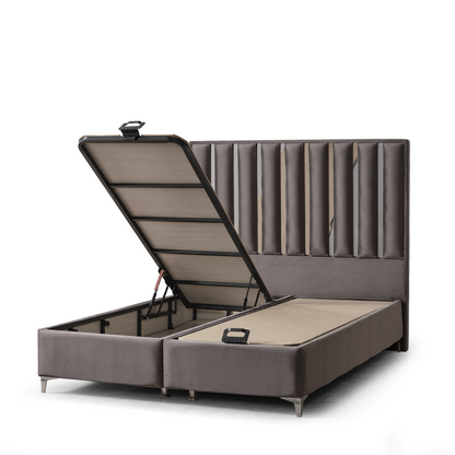 Pat tapițat cu saltea inclusă, ladă depozitare, somieră rabatabilă, catifea – Model Boxspring Diana