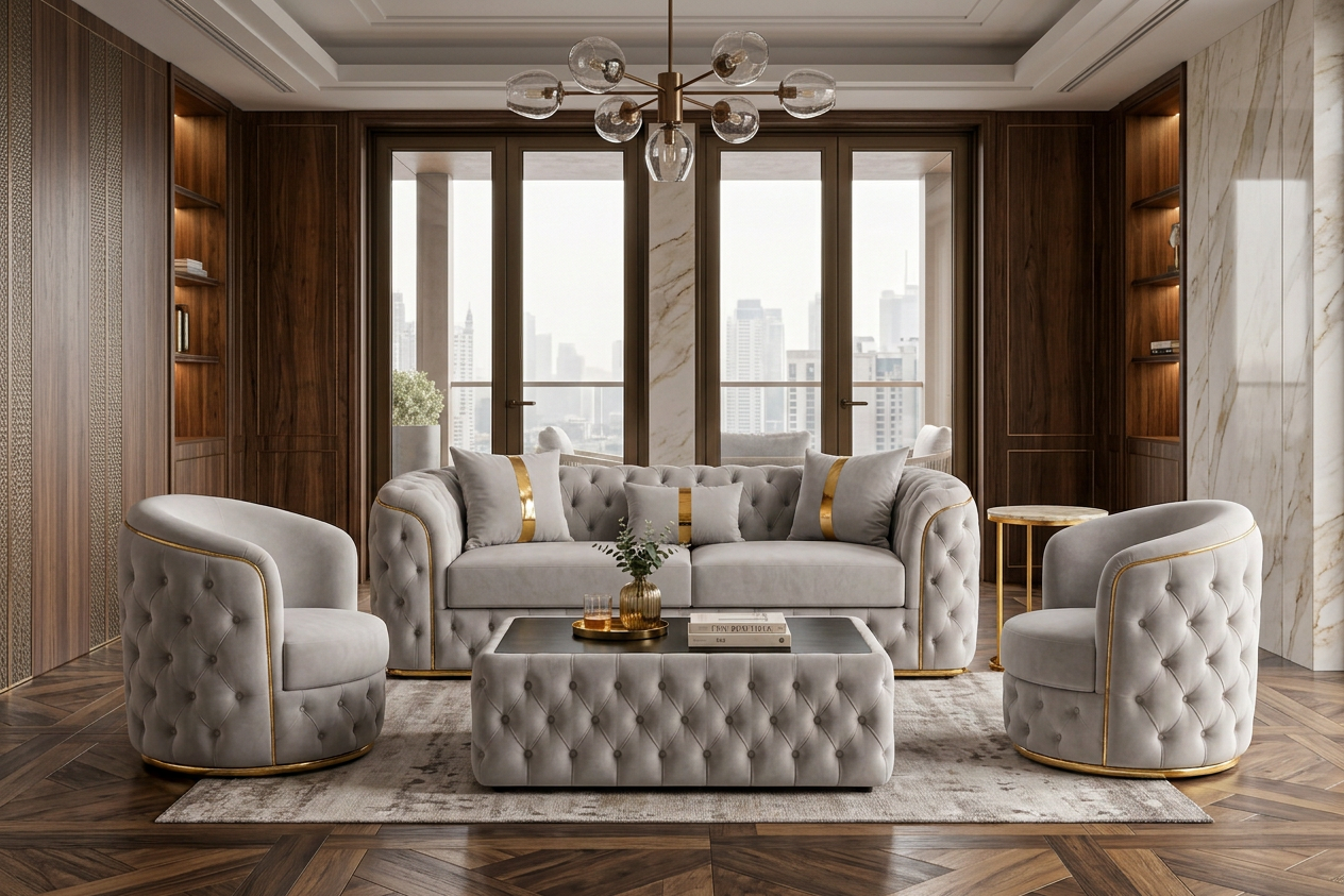 Set Canapea Fixă + 2 Fotolii + Măsuță de Cafea Lugano – Culoare 01