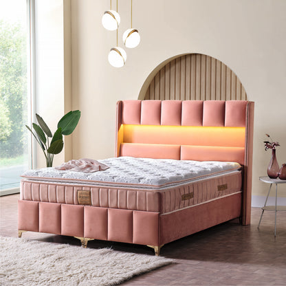 Pat tapițat cu saltea inclusă, ladă depozitare, somieră rabatabilă, catifea – Model Boxspring Floresa
