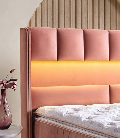Pat tapițat cu saltea inclusă, ladă depozitare, somieră rabatabilă, catifea – Model Boxspring Floresa