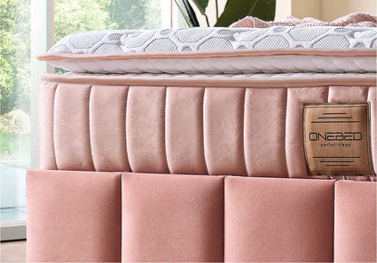 Pat tapițat cu saltea inclusă, ladă depozitare, somieră rabatabilă, catifea – Model Boxspring Floresa