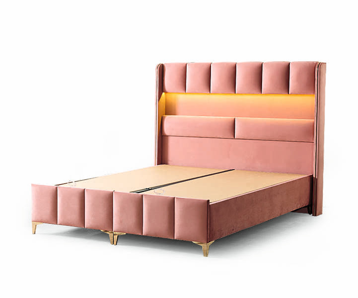 Pat tapițat cu saltea inclusă, ladă depozitare, somieră rabatabilă, catifea – Model Boxspring Floresa
