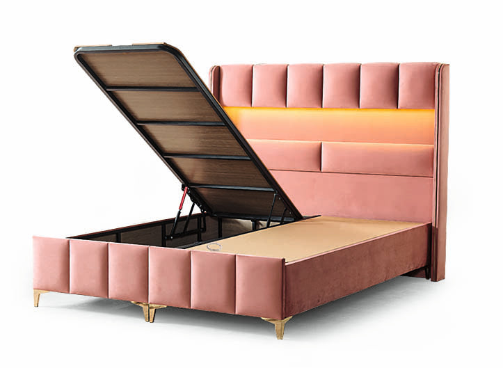 Pat tapițat cu saltea inclusă, ladă depozitare, somieră rabatabilă, catifea – Model Boxspring Floresa