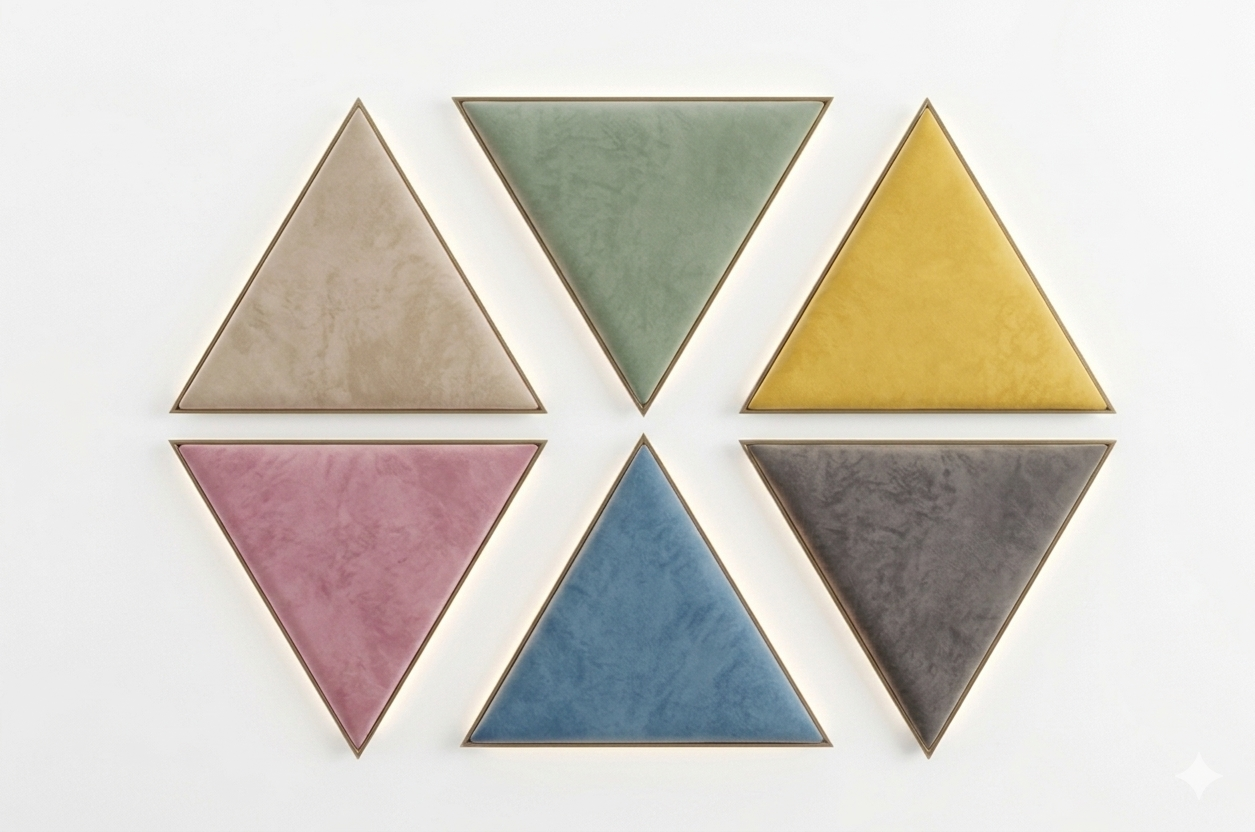 Panou decorativ tapitat triunghiular de 35cm de la IMPACT MOB, design modern și textură tapitată pentru interior elegant.