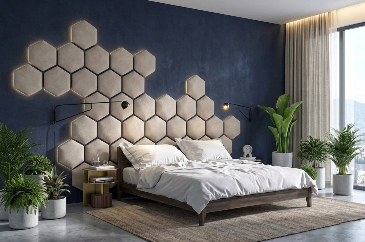 Panou decorativ tapitat hexagonal de 35 cm de la IMPACT MOB, model cu design modern și textură textilă în nuanțe neutre.