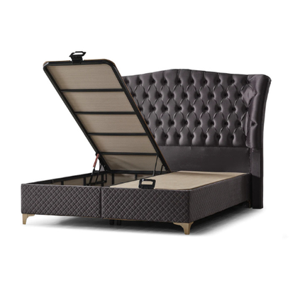 Impact Mob Pat Boxspring Confort din catifea cu saltea și depozitare, elegant și confortabil, cu logo House of Ran pe fundal.