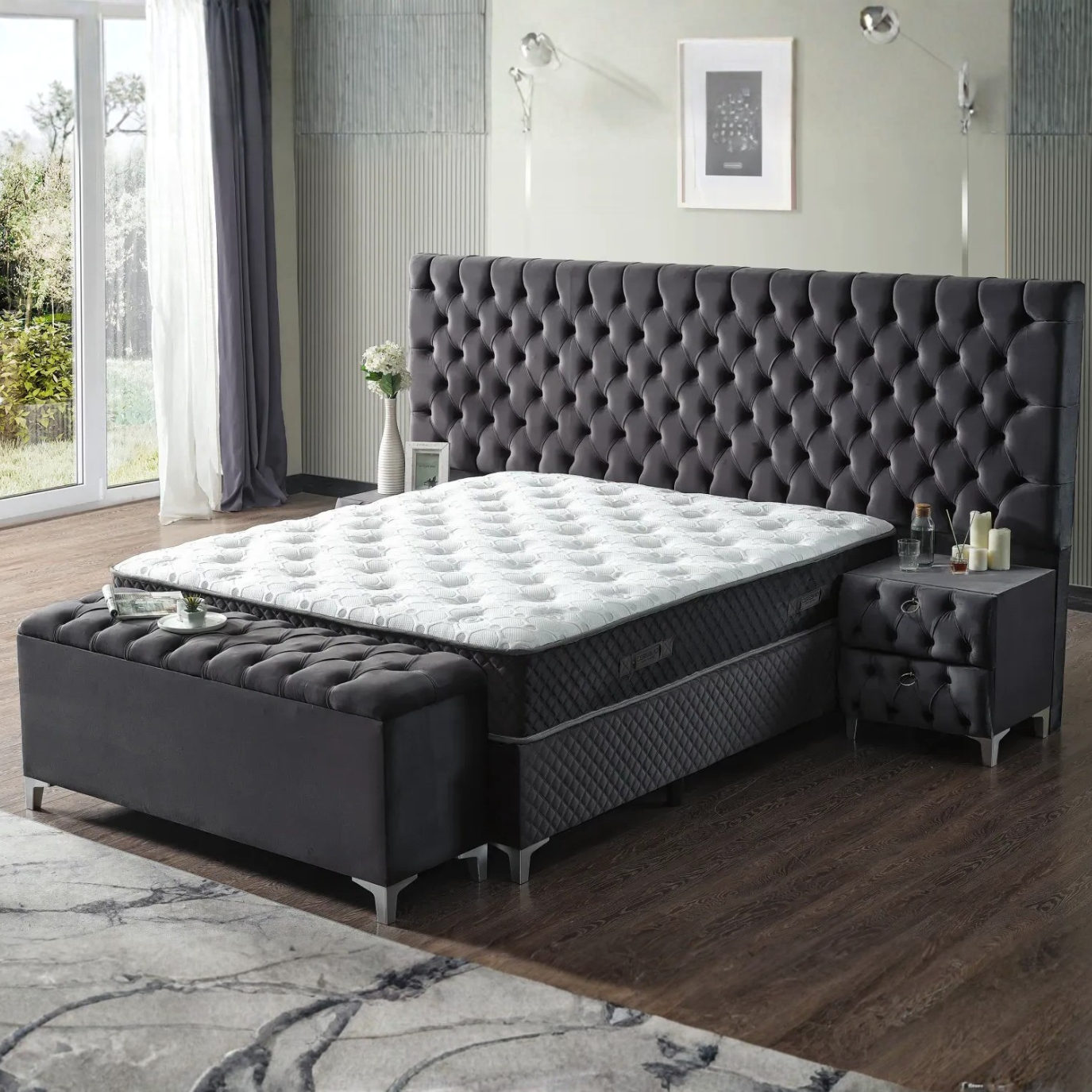 Pat Boxspring Valura din Catifea, cu Saltea și Depozitare